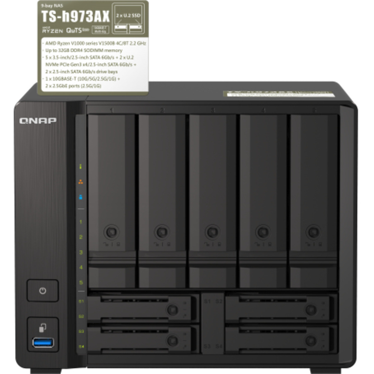 QNAP TS-h973AX  18tb 5+4-Bay Desktop Multimedia / Power User / Business NAS - Network Attached Storage Device 3x6tb Western Digital Red Pro WD6003FFBX 3.5 7200rpm SATA 6Gb/s HDD NAS Class Drives Installed - Burn-In Tested TS-h973AX 